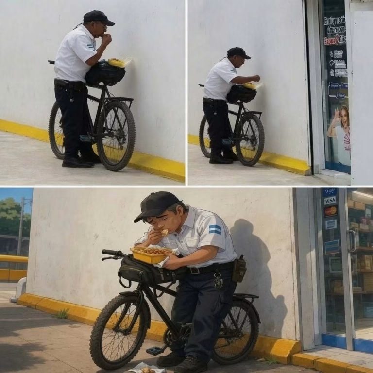 UN GUARDIA DE SEGURIDAD FUE CAPTADO COMIENDO JUNTO A SU VIEJA BICICLETA… Y LA RAZÓN DETRÁS DE AQUELLA ESCENA CONMOVIÓ A TODOS